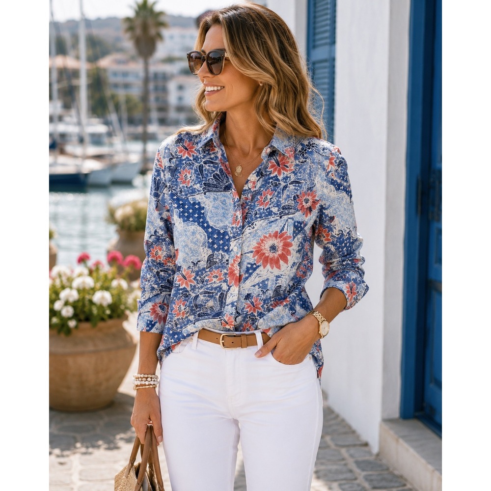 J.McLaughlin Women's Small Floral Cotton Stretch Shirt Coastal Preppy Resort